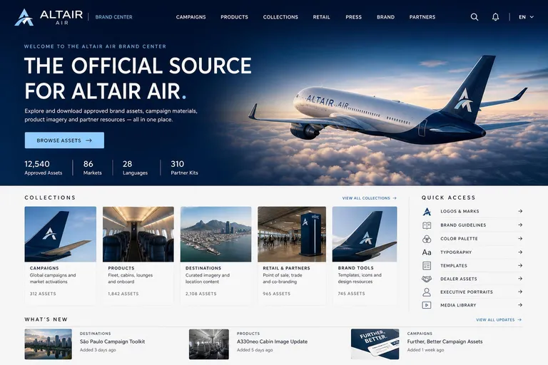 Altair Air brand center homepage, generated with Freedam