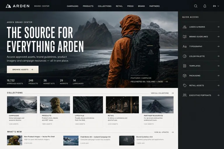 Arden brand center homepage, generated with Freedam