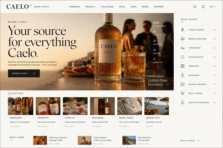 Caelo brand center homepage, generated with Freedam