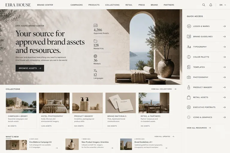 Eira House brand center homepage, generated with Freedam