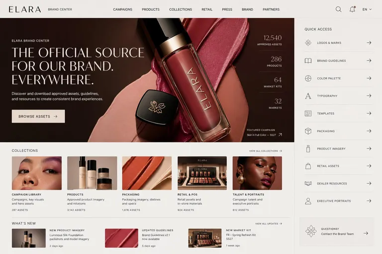 Elara brand center homepage, generated with Freedam