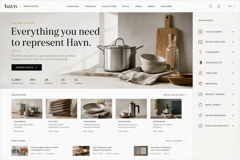 Havn brand center homepage, generated with Freedam