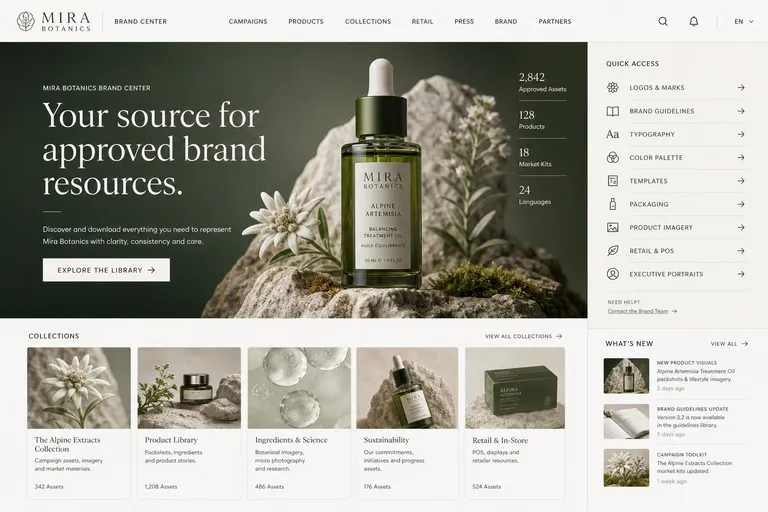 Mira Botanics brand center homepage, generated with Freedam