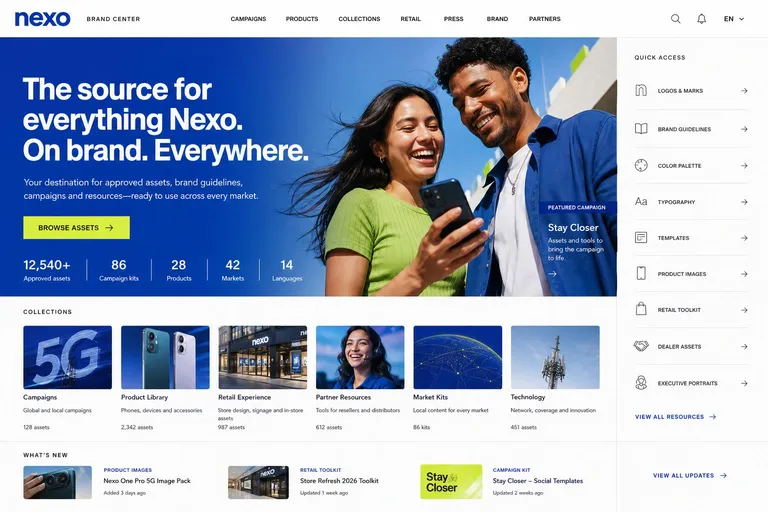 Nexo brand center homepage, generated with Freedam