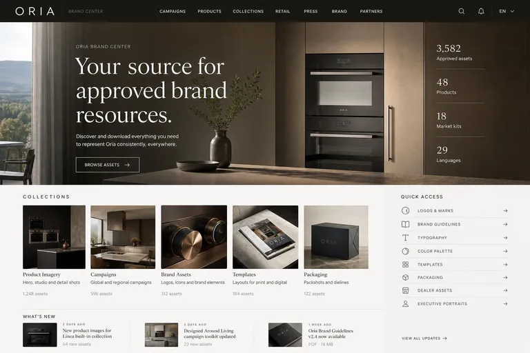 Oria brand center homepage, generated with Freedam