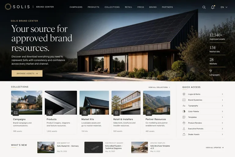 Solis brand center homepage, generated with Freedam