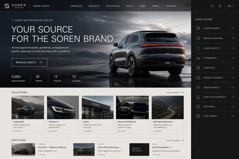 Soren Motors brand center homepage, generated with Freedam