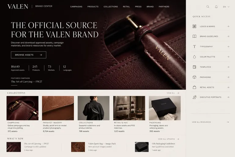 Valen brand center homepage, generated with Freedam