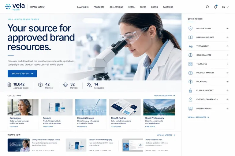 Vela Health brand center homepage, generated with Freedam