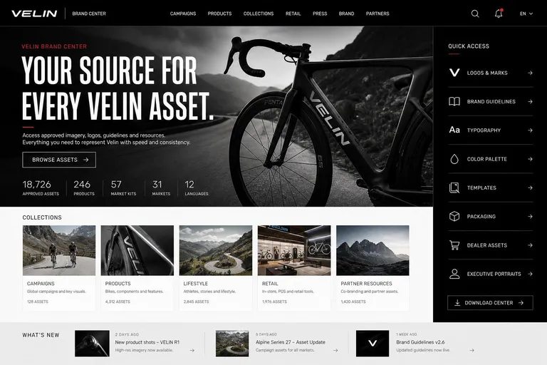 Velin brand center homepage, generated with Freedam